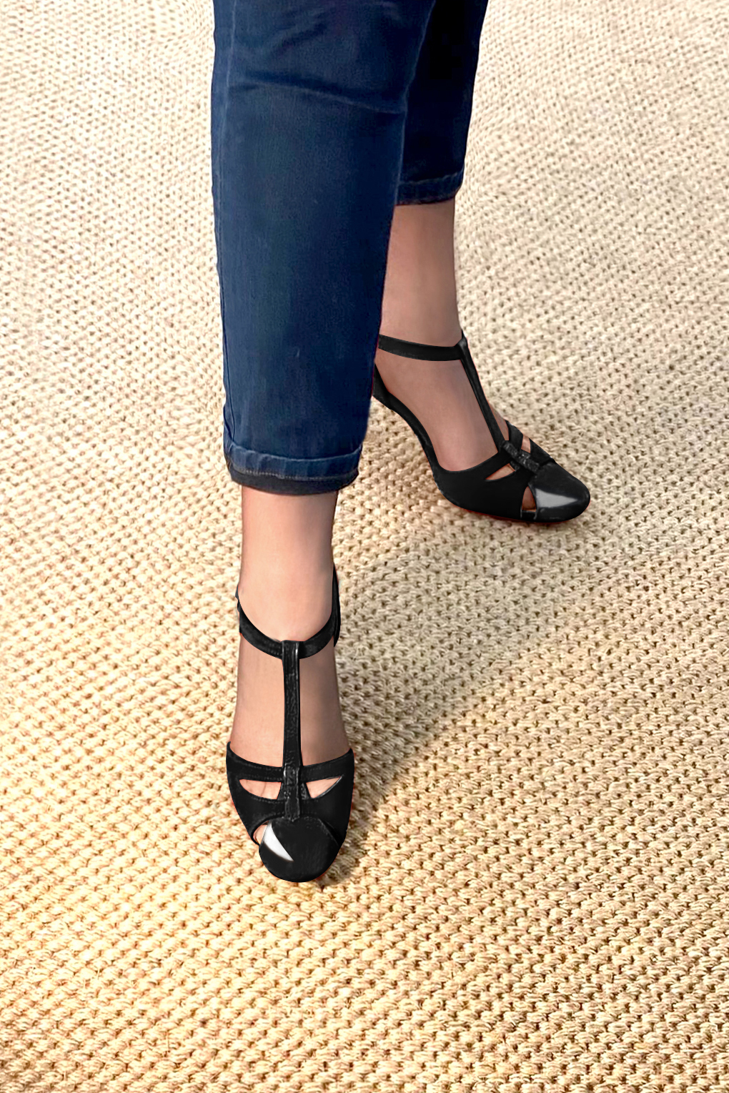 Gloss black women's T-strap open side shoes. Round toe. High kitten heels. Top view - Florence KOOIJMAN